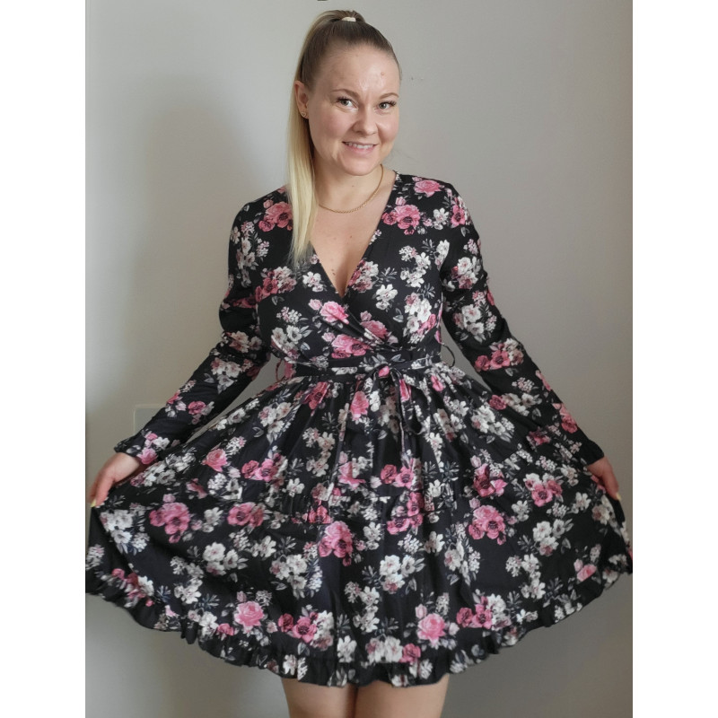 Musta kukkakuvioinen pitkähihainen wrap-look v-mekko – kuva 3
