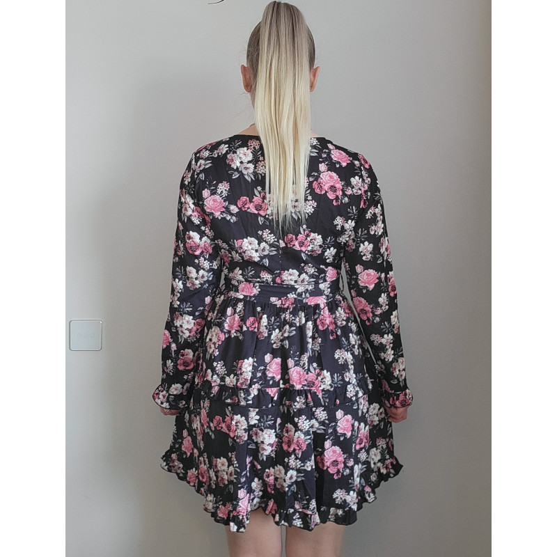 Musta kukkakuvioinen pitkähihainen wrap-look v-mekko – kuva 4