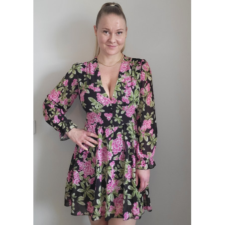 Elle Style Juliette svart blommig klänning med pärlknappar