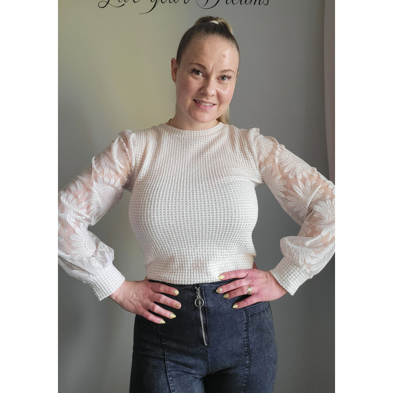 Beige vohvelipaita auringonkukallisilla mesh-pussihihoilla