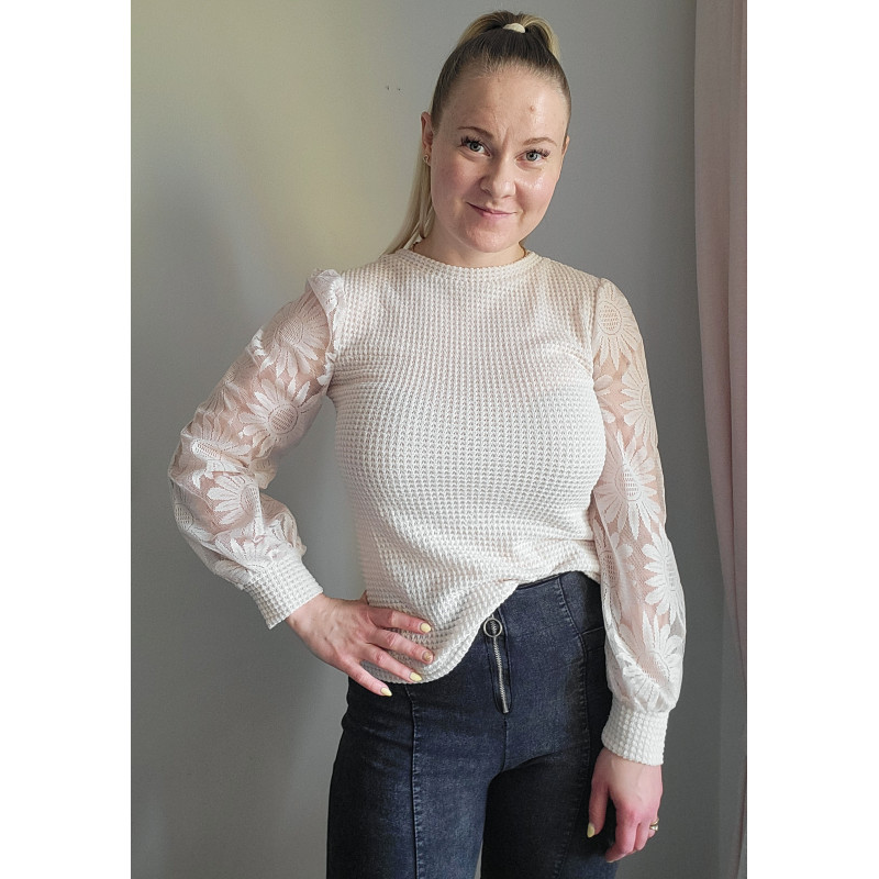 Beige vohvelipaita auringonkukallisilla mesh-pussihihoilla – kuva 2