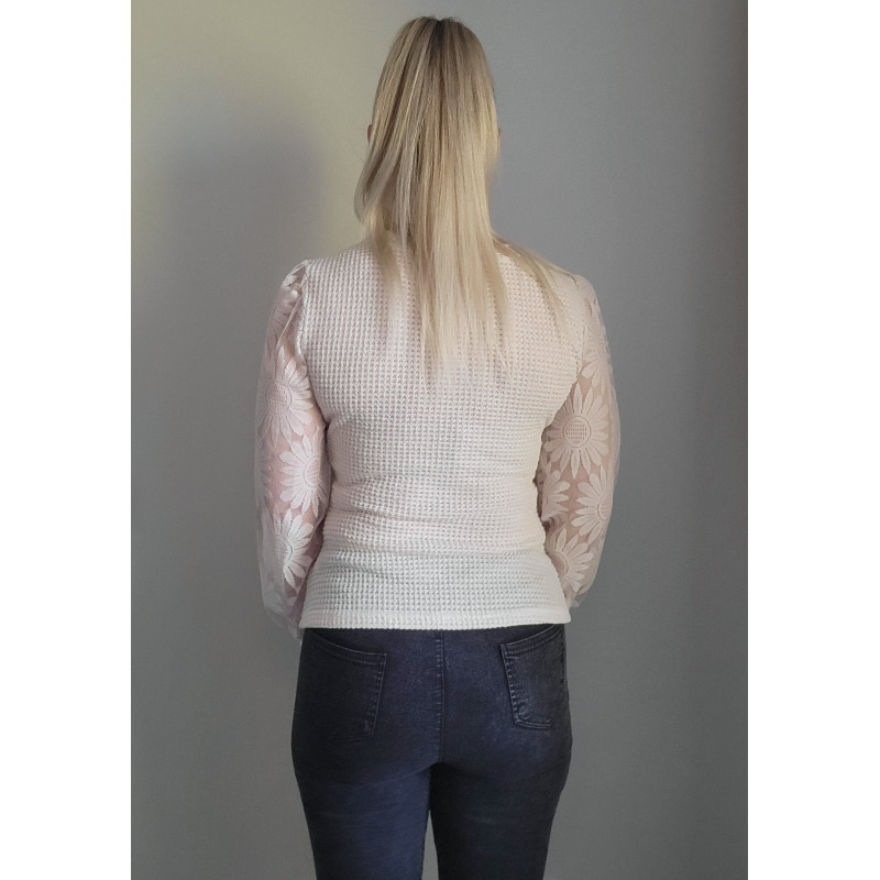 Beige vohvelipaita auringonkukallisilla mesh-pussihihoilla – kuva 3