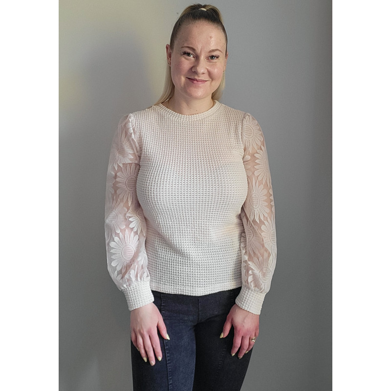 Beige vohvelipaita auringonkukallisilla mesh-pussihihoilla – kuva 4