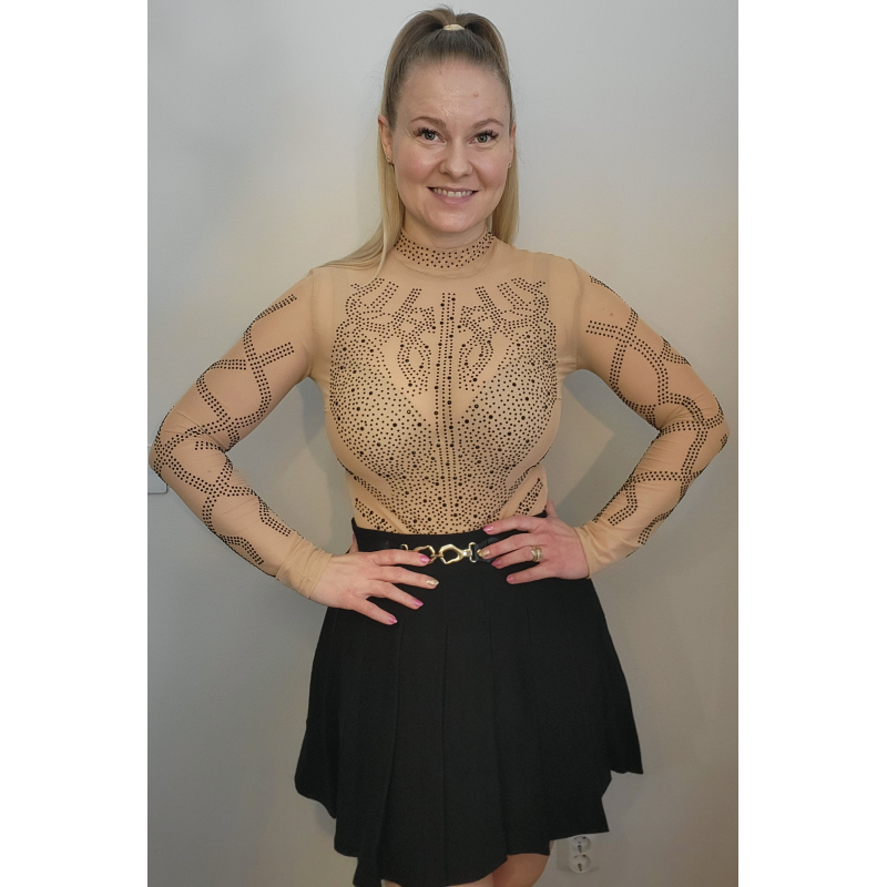 Khaki pitkähihainen strassikoristeinen mesh-body – kuva 4