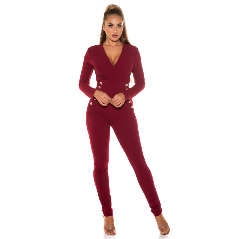 Vinröd långärmad v-jumpsuit med knappar