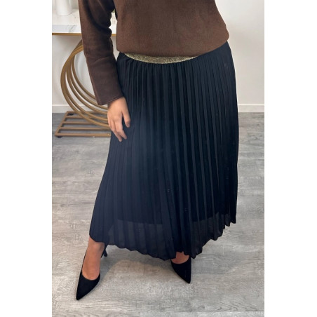 Mily svart lång vecklad kjol med guldig midjeresår (plus size)