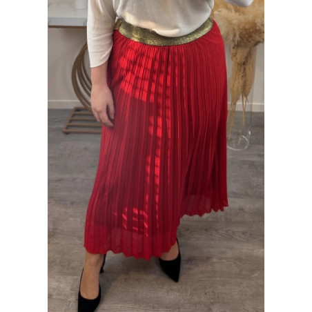 Mily röd lång vecklad kjol med guldig midjeresår (plus size)
