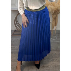 Mily blå lång vecklad kjol med guldig midjeresår (plus size)