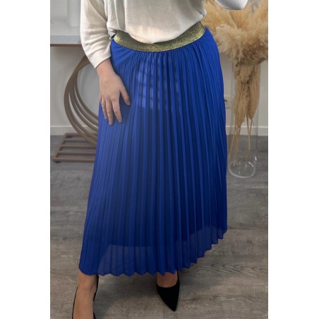 Mily blå lång vecklad kjol med guldig midjeresår (plus size)