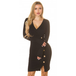 Black v-ribbed knit dress with buttons