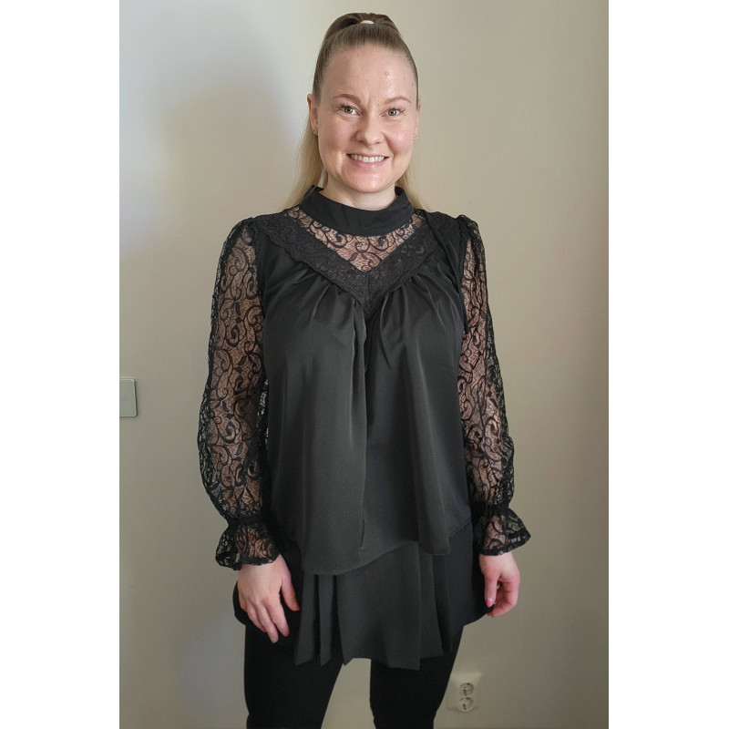Svart spetsärm löst sittande blus – kuva 4
