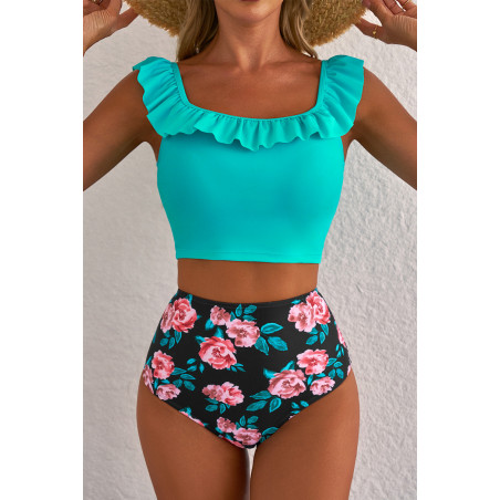 Turkosa högmidjade bikinis med rosmönster