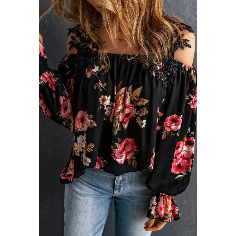Svart blus med blommönster med dekorativa broderade hängslen – kuva 3