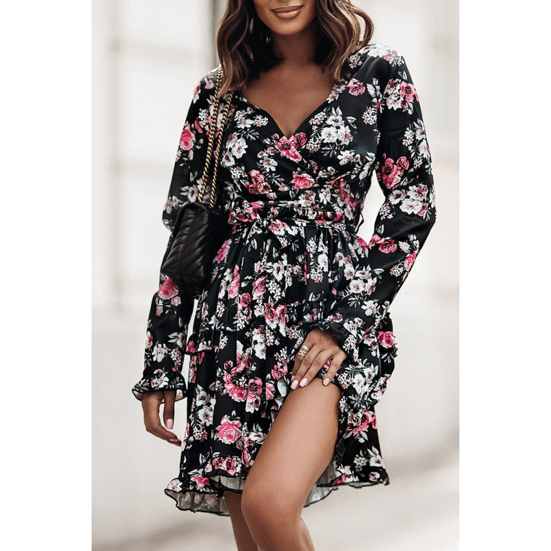 Musta kukkakuvioinen pitkähihainen wrap-look v-mekko