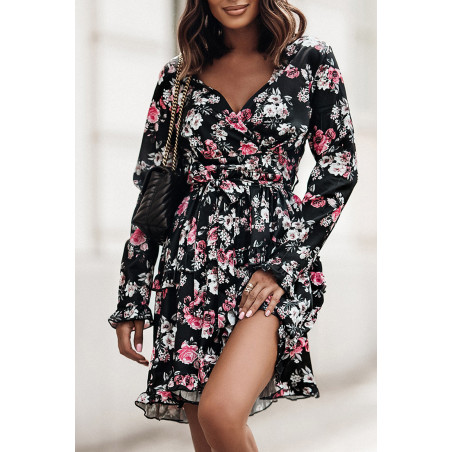 Svart blommönster långärmad wrap-look v-klänning
