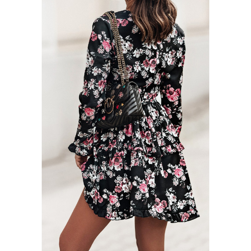 Svart blommönster långärmad wrap-look v-klänning – kuva 2