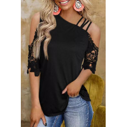 Black asymmetric shirt with crocheted sleeves