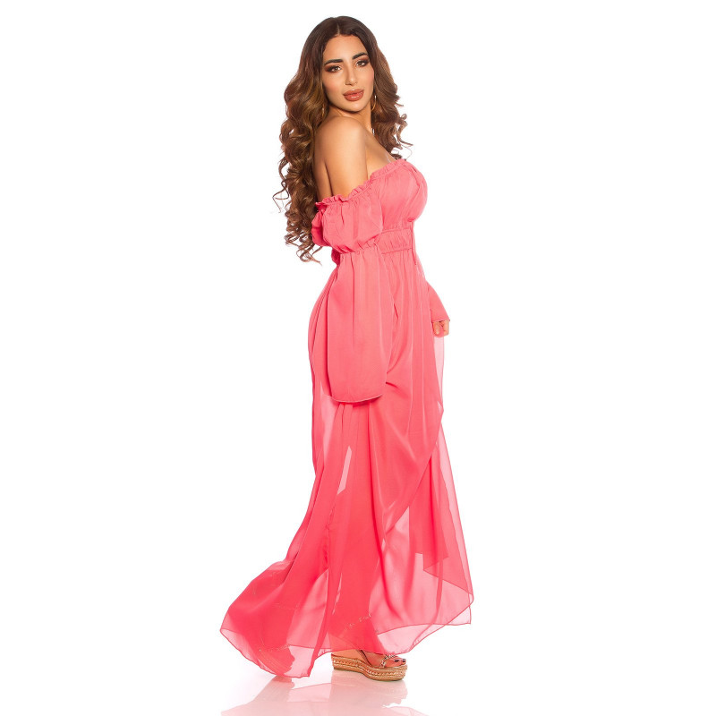 Korall långärmad off-shoulder mesh-maxiklänning – kuva 3