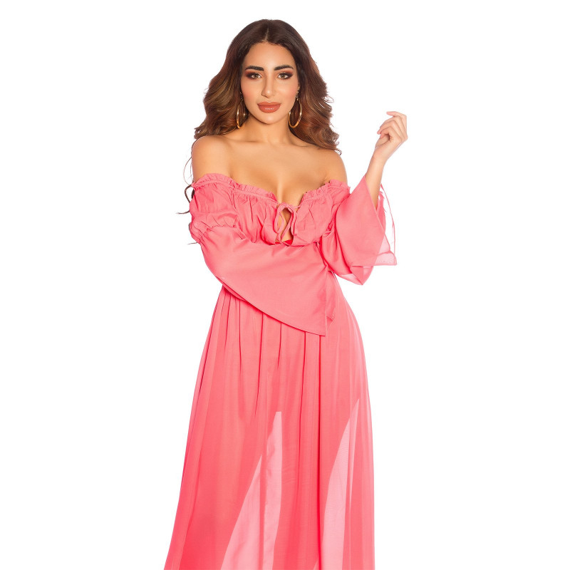 Korall långärmad off-shoulder mesh-maxiklänning – kuva 4