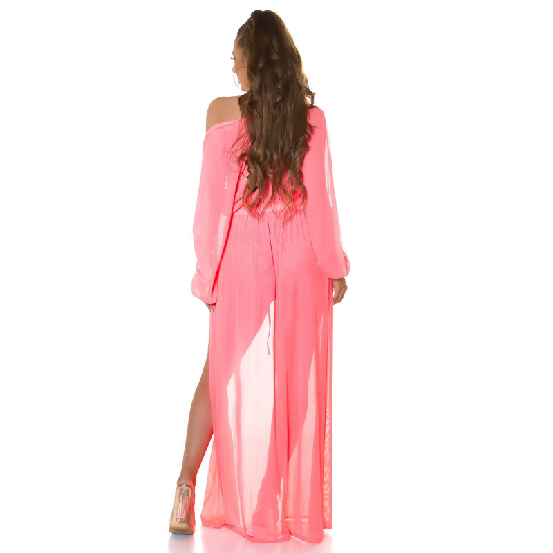 Koucla neonkorall lång mesh-kimono med guldband – kuva 3