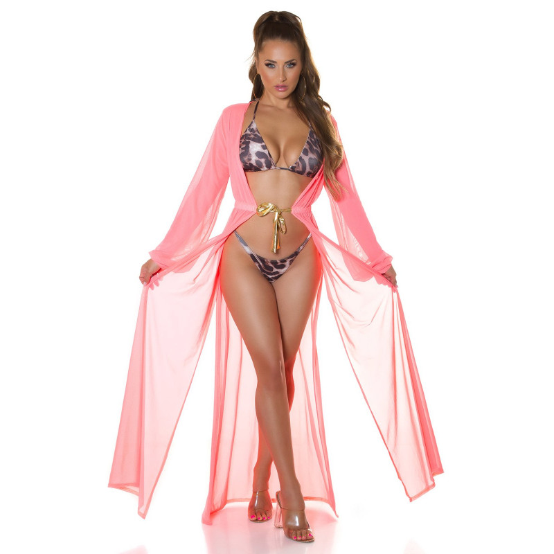 Koucla neonkorall lång mesh-kimono med guldband – kuva 4