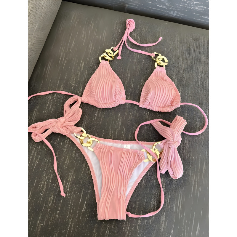 Rosa snörbikinis med kedjedetaljer – kuva 2