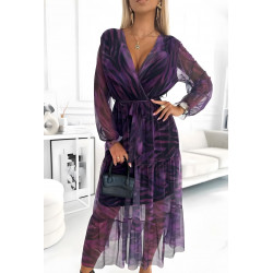 EB violetti seeprakuvioinen pitkähihainen v-sifonkimekko