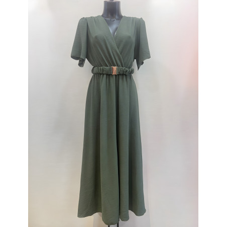 Mily khaki lyhythihainen v-maksimekko vyöllä (plus size)