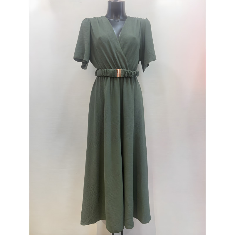 Mily khaki kortärmad v-maxiklänning med bälte (plus size) – kuva 2