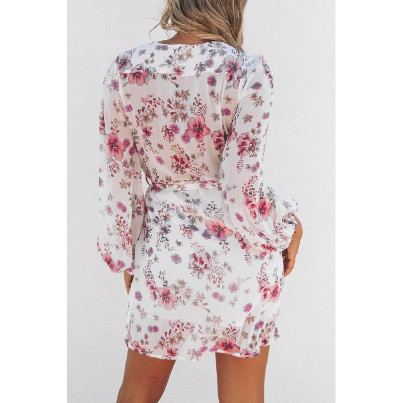 Vit blommig mönstrad wrap-look v-chiffongklänning med bälte – kuva 3