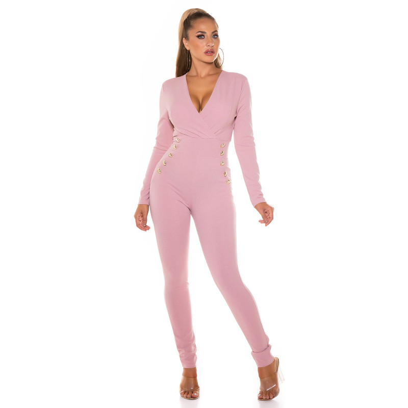 Rosa långärmad v-jumpsuit med knappar