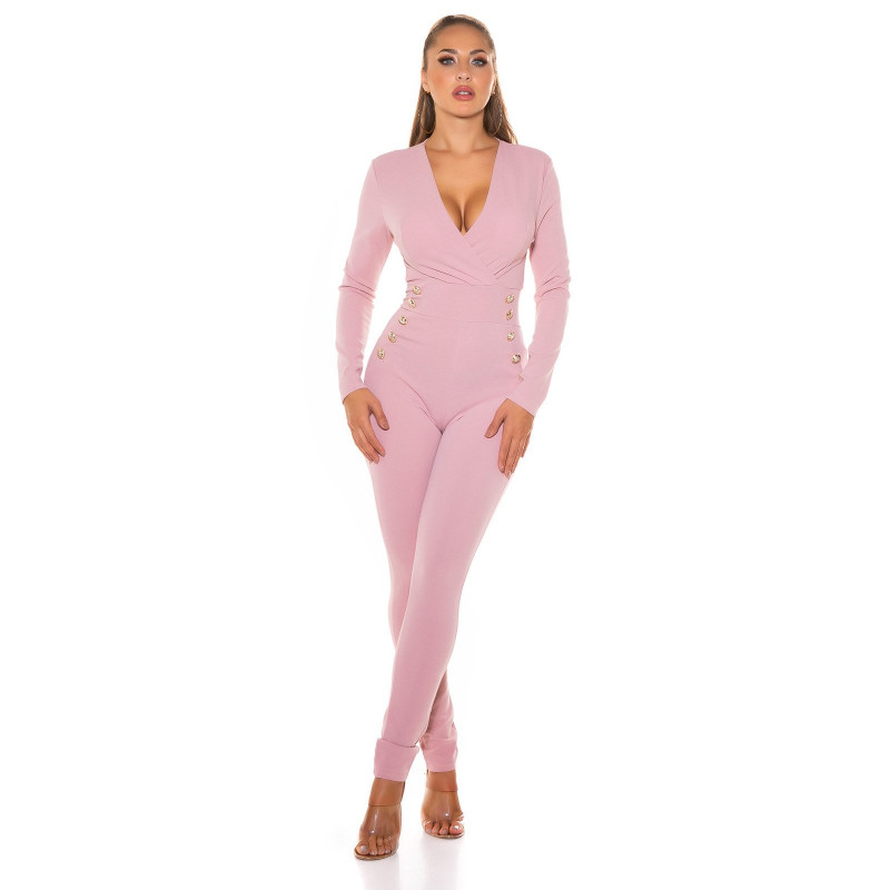 Rosa långärmad v-jumpsuit med knappar – kuva 4