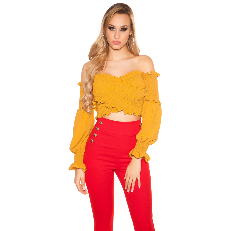 Senapsgul långärmad kort wrap-look latinblus