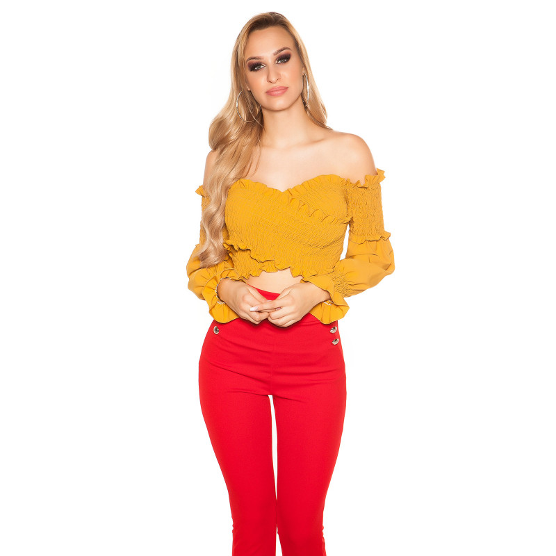 Senapsgul långärmad kort wrap-look latinblus – kuva 4