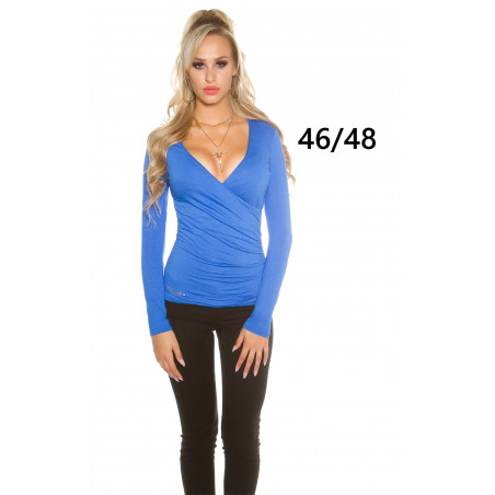 Koucla blå långärmad wrap-look v-tröja (plus size)
