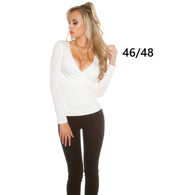 Koucla vit långärmad wrap-look v-tröja (plus size)