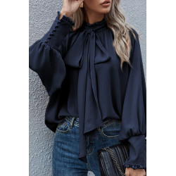 Dark blue bag-sleeved blouse with bow ties