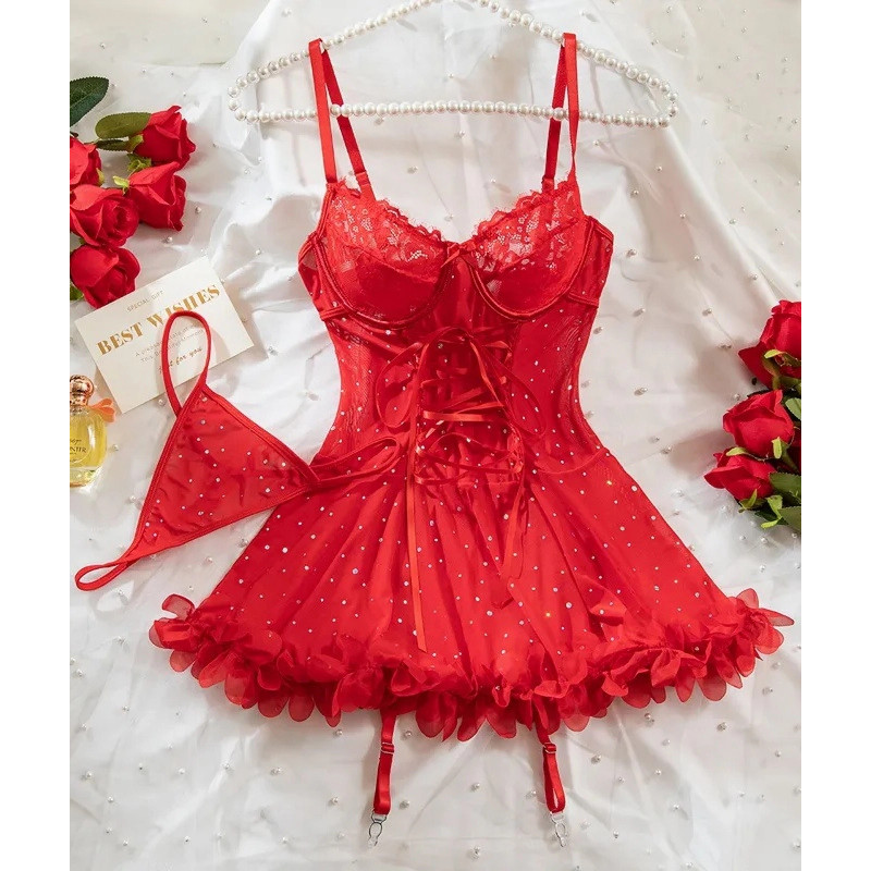 Röd babydoll med strass och strumpebandshållare – kuva 3
