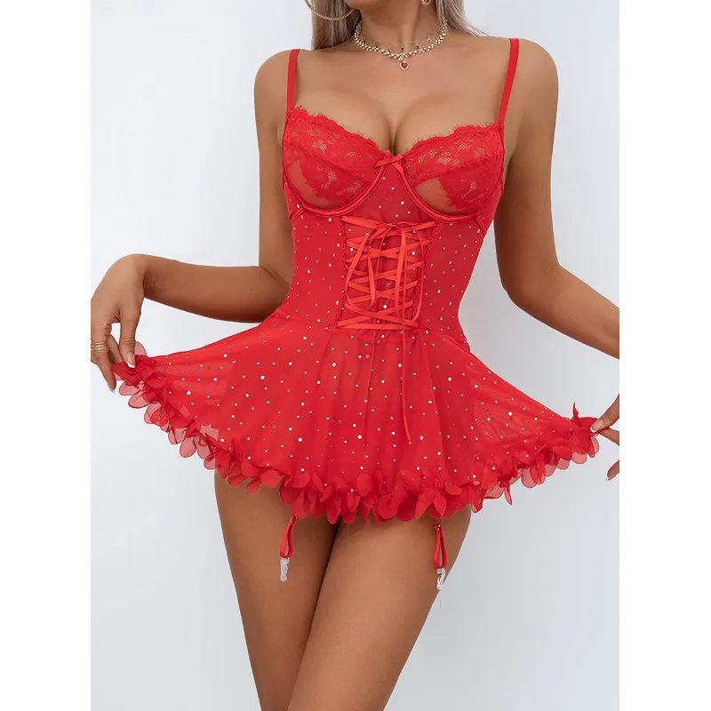 Röd babydoll med strass och strumpebandshållare – kuva 2