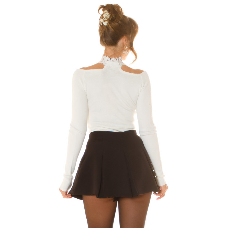 Koucla vit off-shoulder stickad tröja med spets-choker – kuva 2