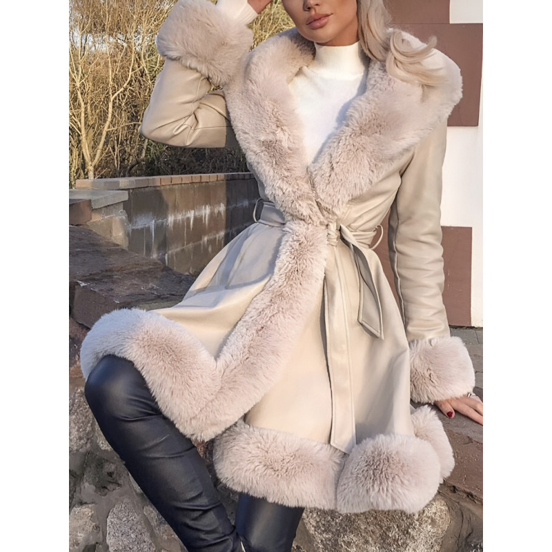 CK beige vinterjacka i konstläder med konstpäls – kuva 2