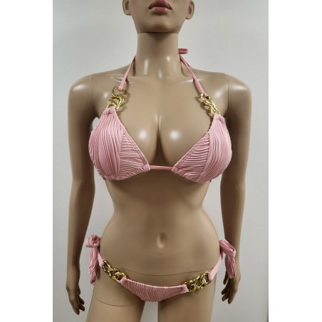 Rosa snörbikinis med kedjedetaljer