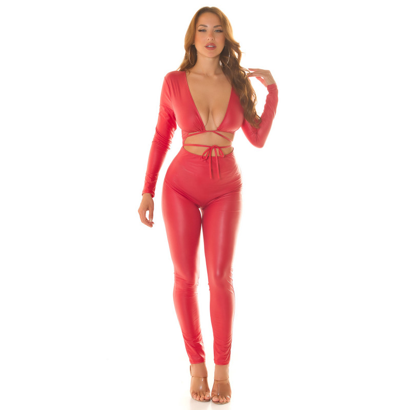 Koucla punainen wetlook catsuit nauhoilla