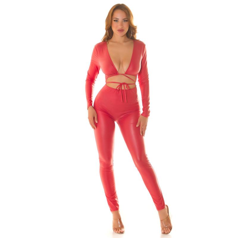 Koucla röd wetlook catsuit med snören – kuva 4