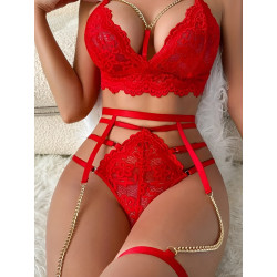 Punainen ketjukoristeinen pitsinen sukkanauhaliivisetti