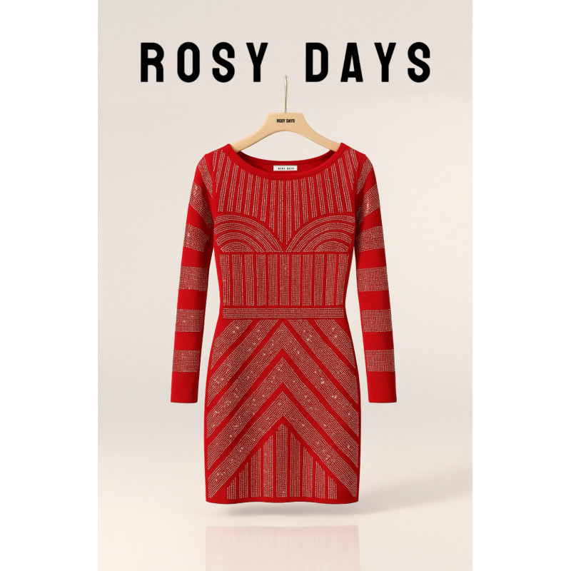 Rosy Days röd strassdekorerad stickad klänning – kuva 2
