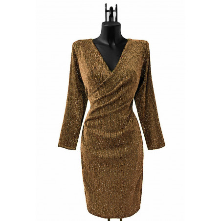 Shibelle guldfärgad strassdekorerad wrap-look v-klänning
