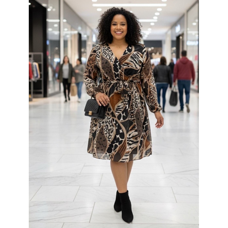 Mily långärmad mönstrad wrap-look v-klänning med skärp (plus size) – kuva 2