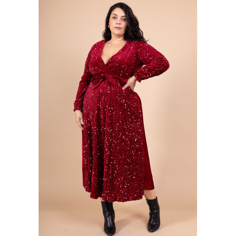 Lilie viininpunainen pitkä v-samettimekko paljeteilla ja vyöllä (plus size)