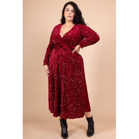 Lilie vinröd lång v-sammetsklänning med paljetter och skärp (plus size)